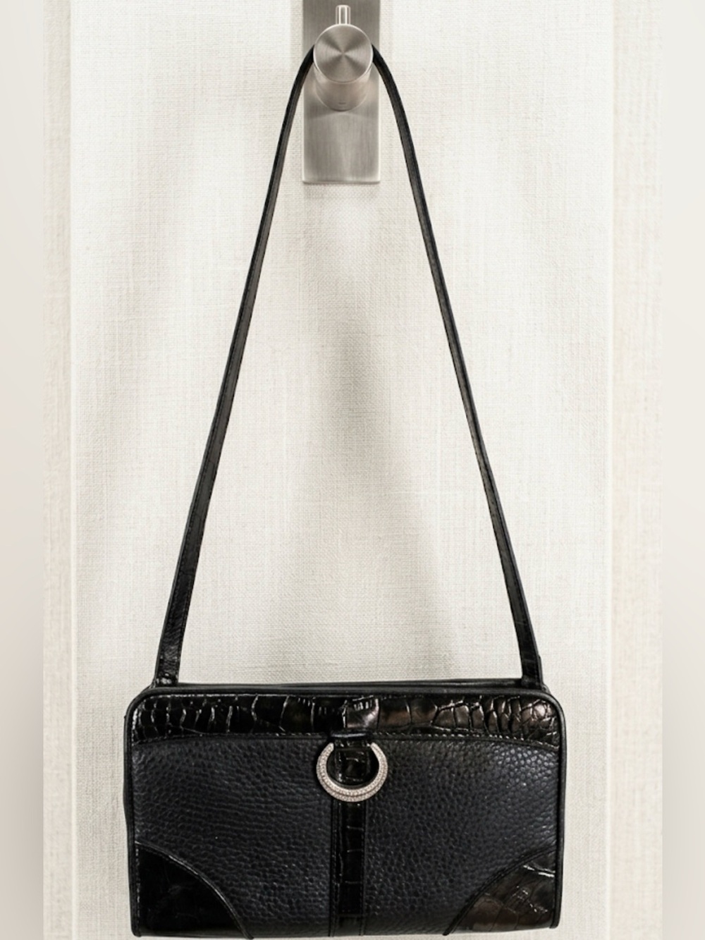 Brighton Black Leather Shoulder Bag with Reptile like Trim